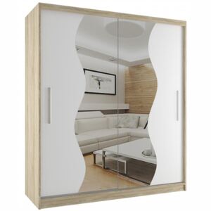 Šatníková skriňa s bielymi posuvnými dverami vlnkovaným zrkadlom šírka 158 cm dub sonoma korpus - Bez dojezdu