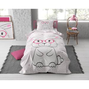 Ružové bavlnené posteľné obliečky pre dievčatko múdry zajačik 140 x 200 cm