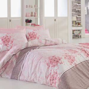 Ružové bavlnené obliečky s plachtou na dvojlôžko Sonya Powder, 200 x 220 cm