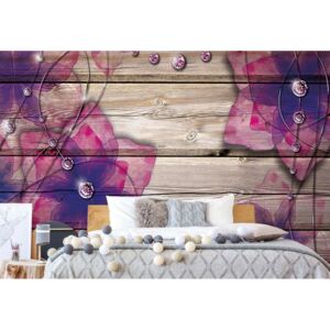 Fototapeta - Purple Flowers Wood Plank Texture Diamonds Vliesová tapeta - 416x254 cm