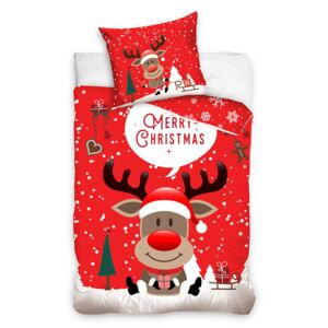 Vianočné bavlnené obliečky MERRY CHRISTMAS BUCK RED 140x200cm ZIPS - 140 x 200 cm - 1x vankúš 1x prikrývka