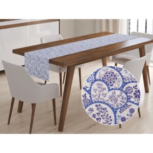 Dekoračný behúň na stôl Leona LN-080 Modrobiele ľudové ornamenty 45x140 cm
