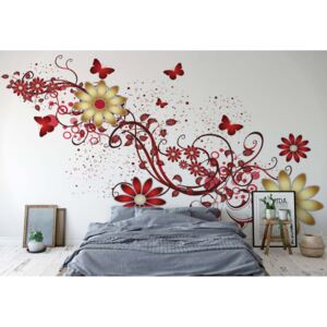 Fototapeta - Modern Design Red Flowers And Butterflies Papírová tapeta - 254x184 cm