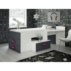 Detská posteľ s PC stolom Blanora, biela / sivá / ružová