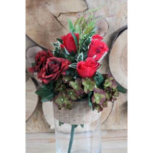 Červená umelá kytica ruží a zelene 50cm