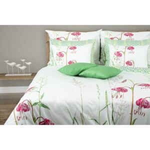 Glamonde luxusné saténové obliečky Prato v kombinácií zelenej a bielej, s ružovým kvetom 140×220 cm
