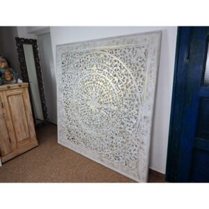 Dekorácia na stenu MANDALA biela zlatá, drevo, ručná práca, 160x160 cm