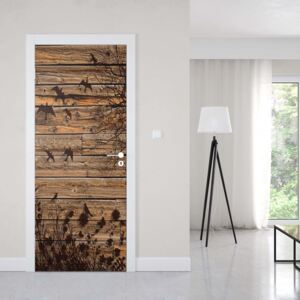 GLIX Fototapeta na dvere - Rustic Birds And Tree Silhouette Wood Plank Texture