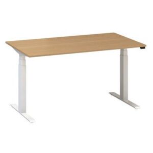 Výškovo nastaviteľný kancelársky stôl Alfa Up s bielym podnožím, 140 x 80 x 61,5-127,5 cm, dezén divoká hruška