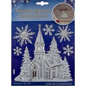 Vianočné 3D samolepky biely kostolík snehové vločky