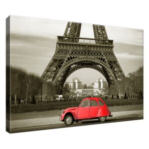 Obraz na plátne Červené auto pred Eiffelovou vežou v Paríži 30x20cm 3533A_1T