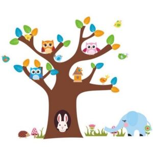 ZooYoo detská nálepka na stenu tri farebné sovičky na strome so zvieratkami 115 x 94 cm