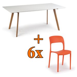 Jedálenský stôl 180x90 + 6x plastová stolička REFRESCO oranžová