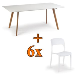 Jedálenský stôl 180x90 + 6x plastová stolička REFRESCO biela