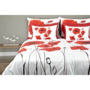 Glamonde luxusné saténové obliečky Papaveri s výrazným červeným vlčím makom na bielom podklade 140×220 cm