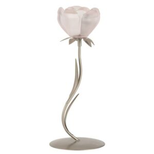 Kovový svietnik na čajovú sviečku ružový so sklenenou miskou v tvare kvetiny- 11,5*11,5*29 cm