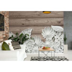 Fototapeta - Vintage Chic 3D Carved White Flowers Wood Plank Texture Vliesová tapeta - 368x254 cm