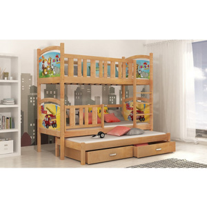 Detská poschodová posteľ DOBBY s obojstrannou potlačou + matrac + rošt ZADARMO, 184x80 cm, olcha/vzor dolná 09, horná 10