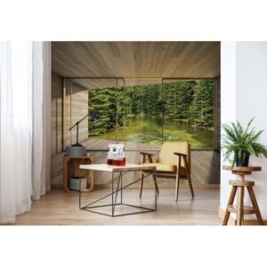 Fototapeta - Moderní okno s výhledem na lesní jezírko 3D Vliesová tapeta - 208x146 cm