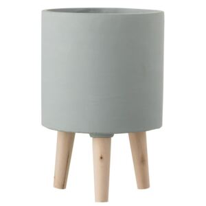 Šedý cementový kvetináč na drevených nôžkach - Ø19,5 * 30 cm