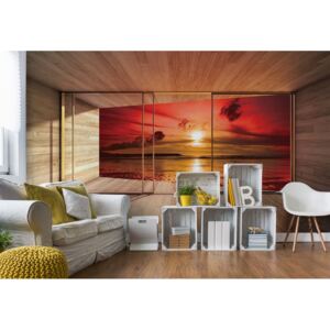 GLIX Fototapeta - Beach Sunset 3D Modern Window View Vliesová tapeta - 416x254 cm