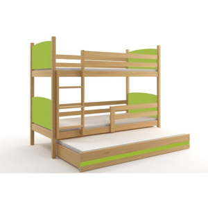Poschodová posteľ BRENEN 3 + matrac + rošt ZADARMO, 90x200 cm, borovica, zelená