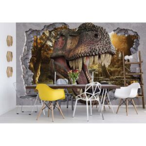 Fototapeta - Dinosaur 3D Jumping Out Of Hole In Wall Vliesová tapeta - 208x146 cm