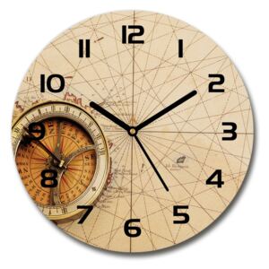 Sklenené hodiny na stenu Kompas na mape