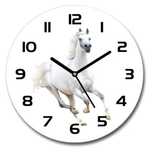 Sklenené hodiny na stenu Biely arabský kôň