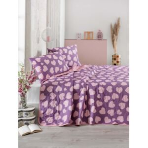 Fialovo-ružová prikrývka cez posteľ na dvojlôžko s obliečky na vankúše Pari, 200 x 220 cm