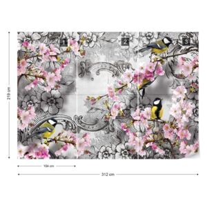 Fototapeta GLIX - Birds And Cherry Blossom Flowers Vintage Vliesová tapeta - 312x219 cm