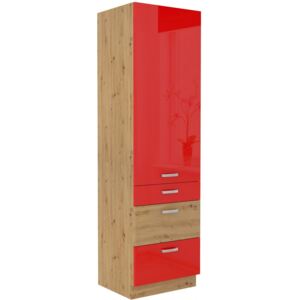 Vysoká kuchynská skriňa so zásuvkami 60x210 cm 27 - MYSTIC - Červená lesklá / Dub artisan