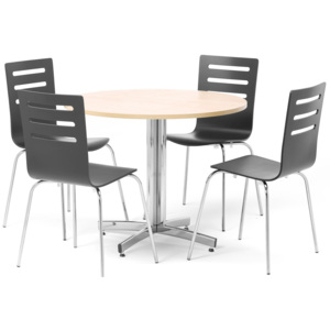 Jedálenská zostava, 1x stôl Ø 900 mm, breza/chróm, 4x stolička čierna/chróm