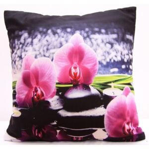 Čierne obliečky na vankúš s ružovými orchideami
