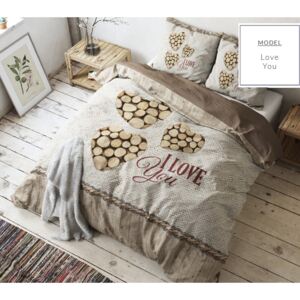 Hnedé posteľné obliečky s motívom dreva a nápisom I Love You 160 x 200 cm