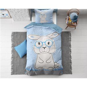 Krásna modrá detská posteľná obliečka s veľkým motívom zajaca