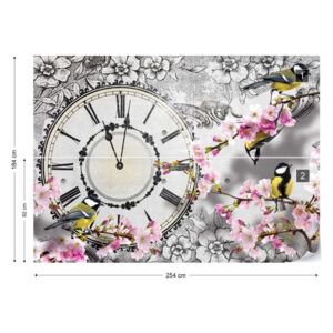 Fototapeta GLIX - Birds, Clock, And Cherry Blossom Floral Vintage Papírová tapeta - 254x184 cm