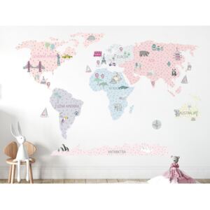 PASTELOWE LOVE Dekorácia na stenu MAPS PINK 90 x 60 cm - S - Mapa sveta ružová
