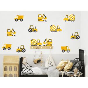 PASTELOWE LOVE Dekorácia na stenu CONSTRUCTION VEHICLES 12 ks - Nákladné vozidlá - žlté