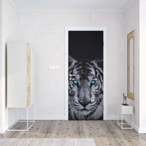 Fototapeta na dvere GLIX - Black And White Tiger Blue Eyes1 | 91x211 cm