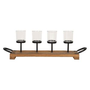 Drevený svietnik na štyri čajové sviečky s kovovými ušami - 42 * 14 * 10 cm