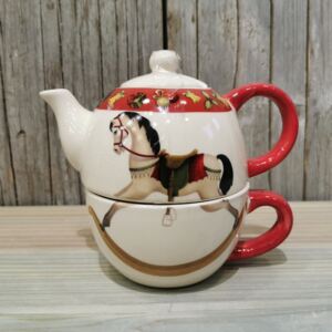 Vianočný čajník s hrnčekom koník keramika krémovo červený 11x15cm