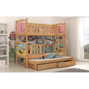 Detská poschodová posteľ DOBBY s obojstrannou potlačou + matrac + rošt ZADARMO, 184x80 cm, borovice/vzor dolná 09, horná 04