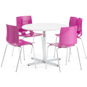 Jedálenská zostava: stôl Tilo + 4 fialové stoličky Juno