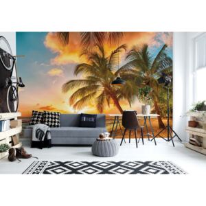 Fototapeta - Tropical Beach Sunset Palm Trees Vliesová tapeta - 312x219 cm