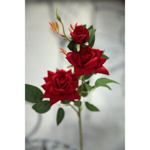 Červená umelá zamatová trojkvetá ruža 65cm
