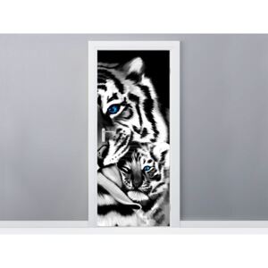 Gario Samolepiaca fólia na dvere Čiernobiely tiger a tigrík 95x205cm
