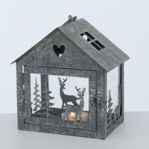 Boltze Kovový lampáš Zimný domček 16 cm - šedý