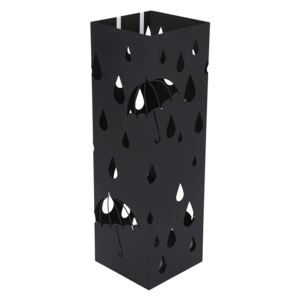 Kovový držiak na dáždniky, štvorcový s háčikmi a odkvapkávačom, 15,5 x 15,5 x 49 cm, čierny
