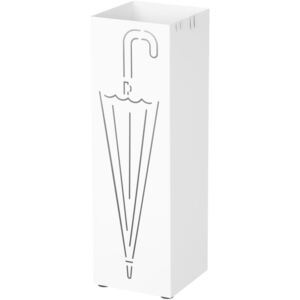 Kovový držiak na dáždniky s háčikmi a odkvapkávačom, 15,5 x 15,5 x 49 cm, biely